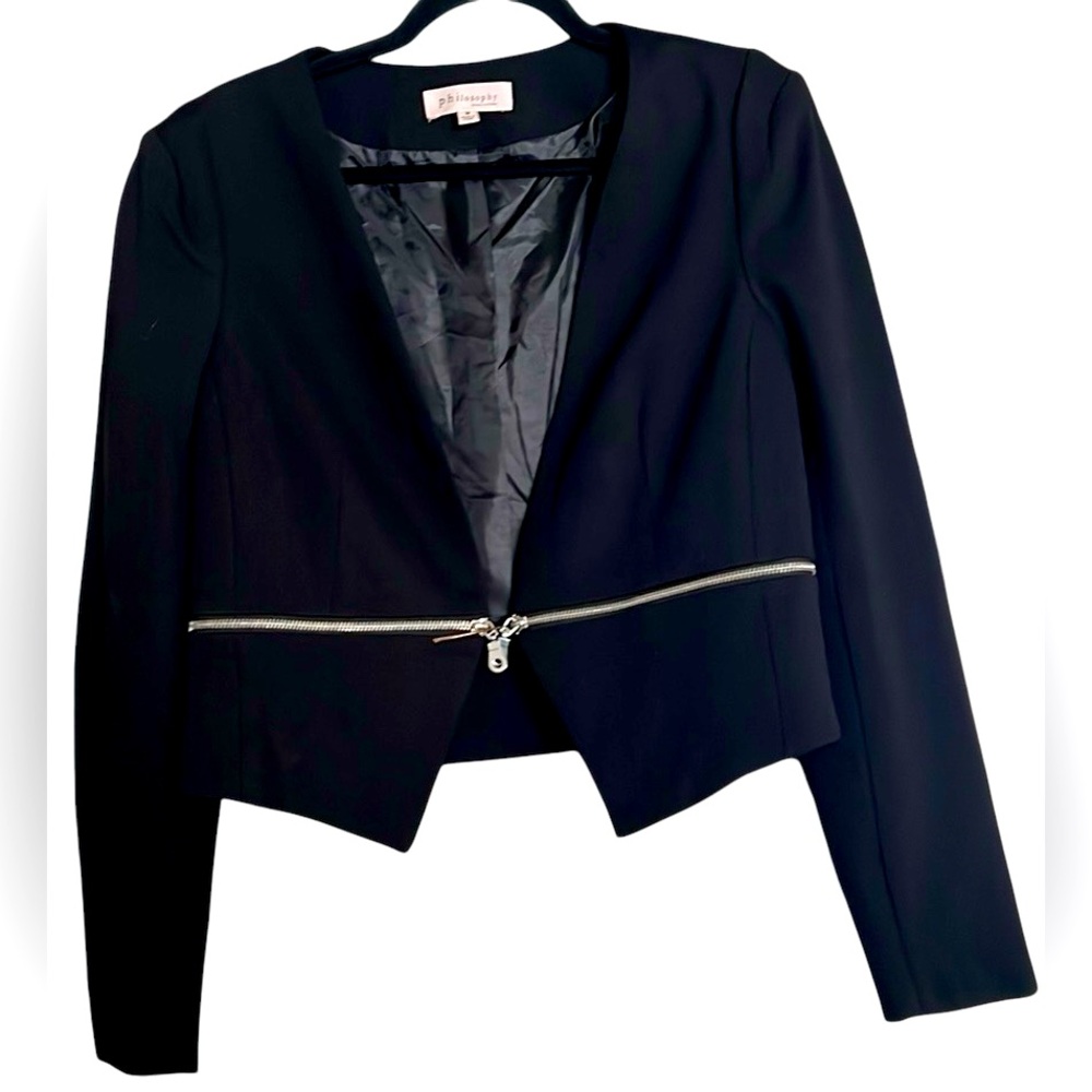 PHILOSOPHY Solid Black Zipper Detail Open Front Lined Blazer, Sz Medium, GUC.